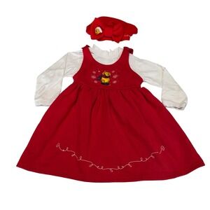 Vintage Disney Store Winnie the Pooh Red Fleece Dress Hat Shirt Set Kids 5/6